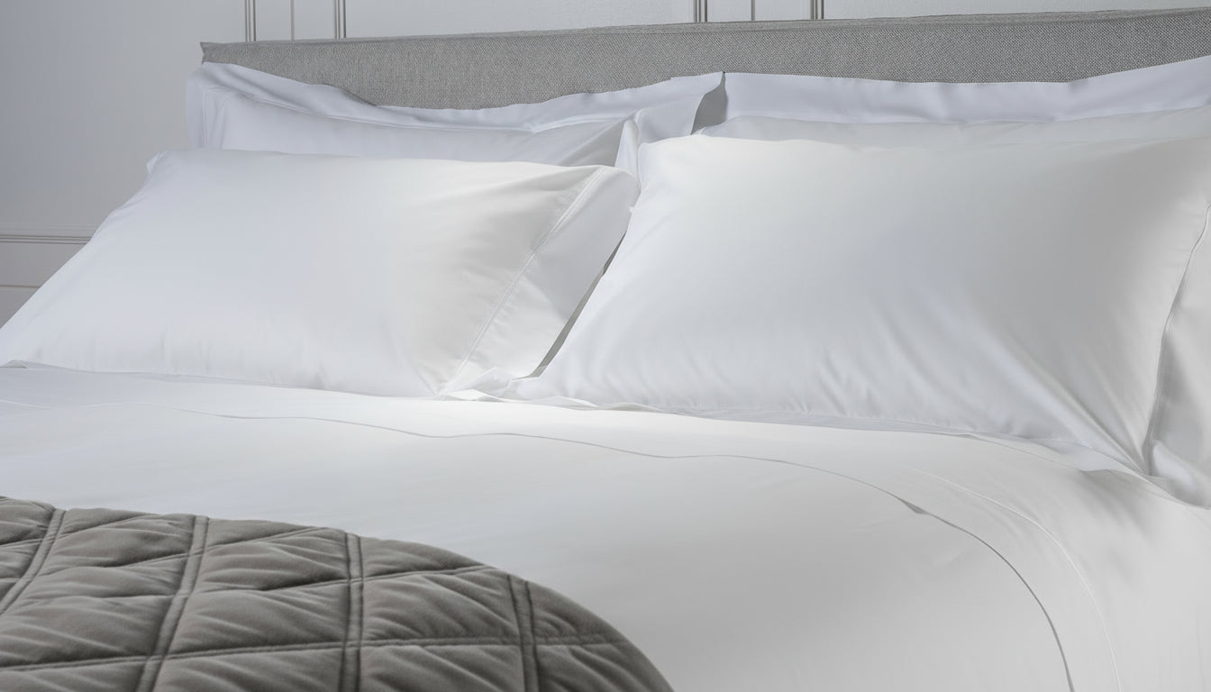 Detalj av Rivolta Carmignani Deluxe percale sengetøy i hvitt, laget av egyptisk bomull, mykt og eksklusivt italiensk kvalitetssengetøy