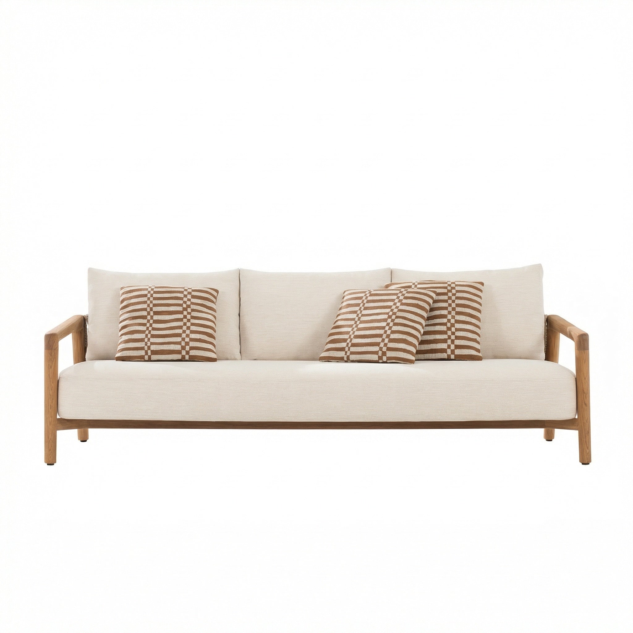 Utendørs 3-seters sofa fra Poliform, Ponte Outdoor Sofa av Emmanuel Gallina i Teak og lyst tekstil.