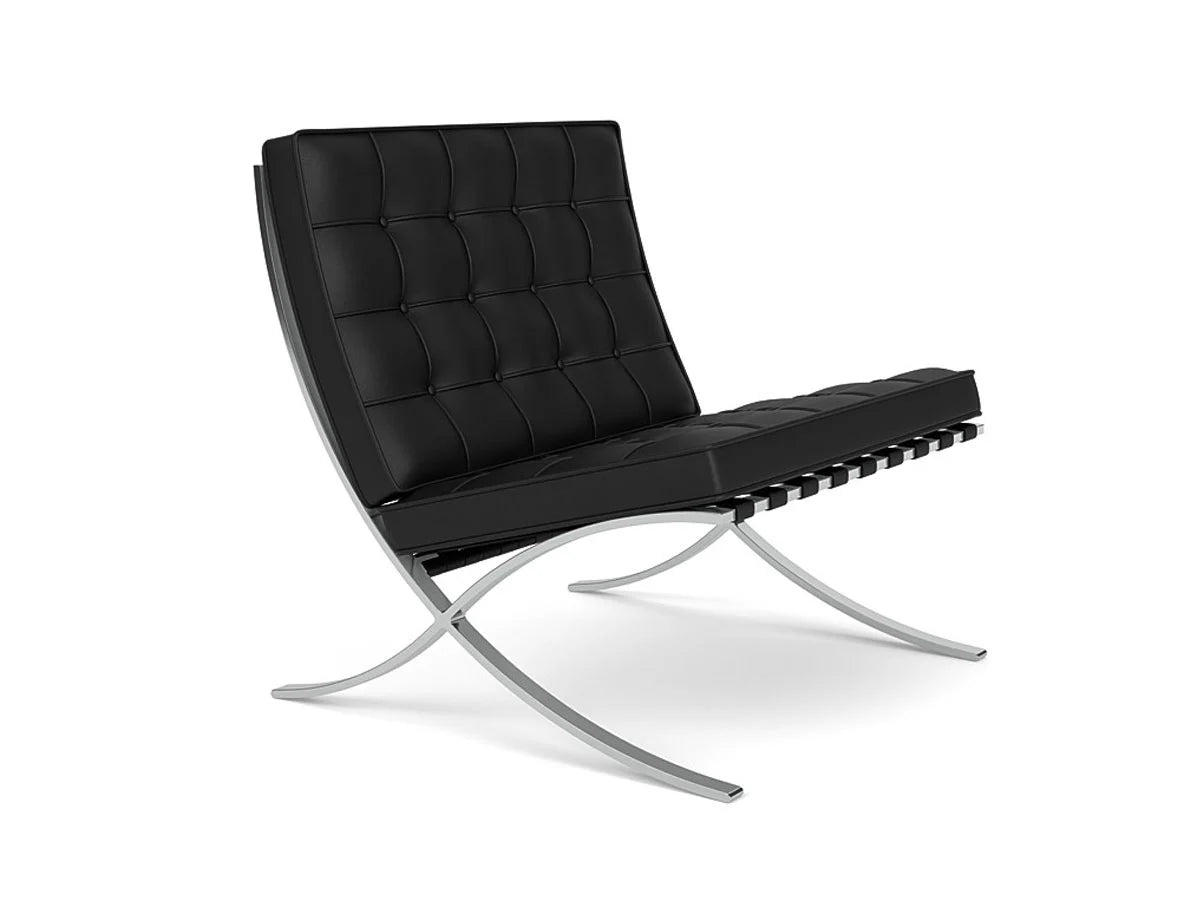 Barcelona Relax loungestol fra Knoll i sort lær med speilpolert stålramme.