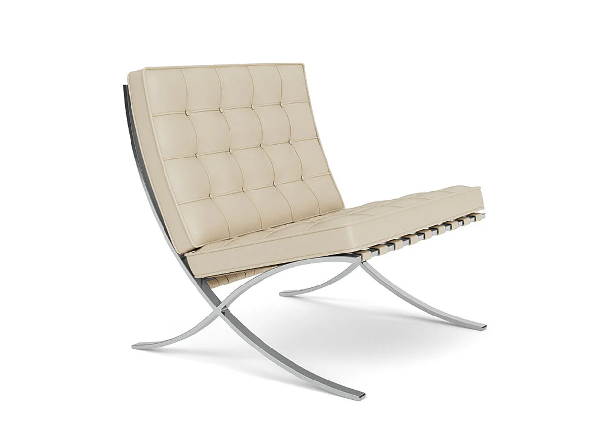 Barcelona Relax loungestol fra Knoll i ivoryfarget lær med elegant stålunderstell.