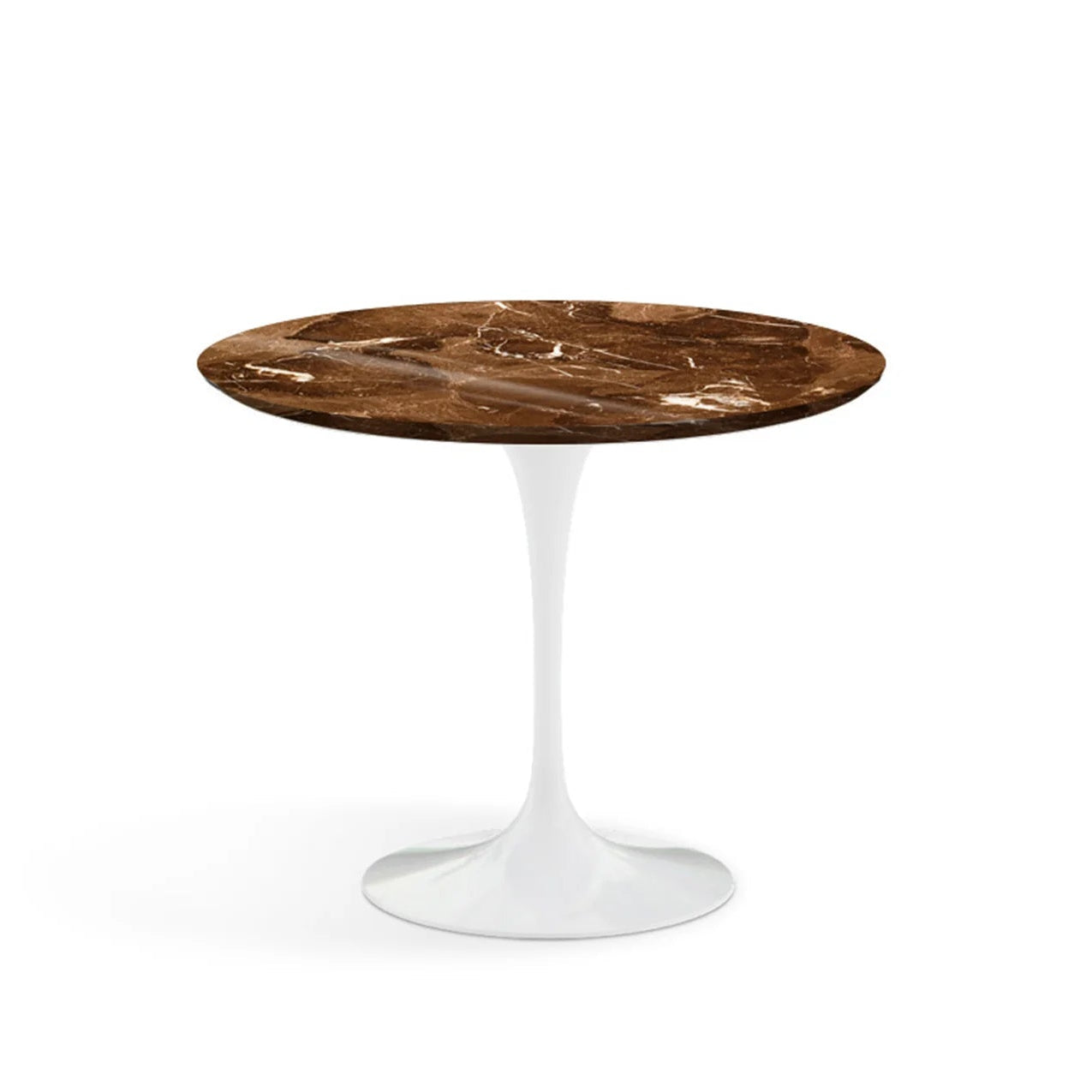 Knoll Saarinen Tulip lite rundt spisebord med hvit base og brun marmor topp 