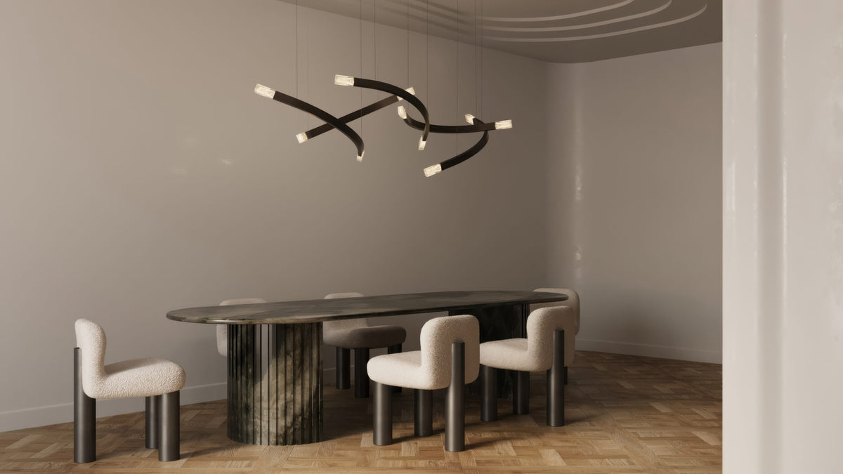 Trace Linear Pendel fra CTO Lighting over et spisebord